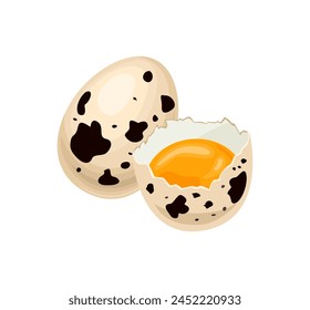 Quail eggs isolated on white background. Whole and half of egg with yolk in egg shell. Vector cartoon illustration.