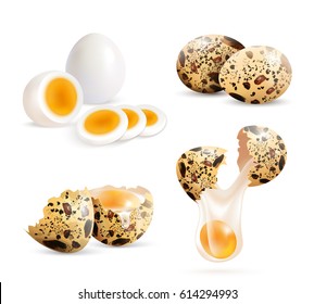 Quail eggs isolated realistic images set of whole eggs and cracked eggshell pieces with boiled egg slices vector illustration 