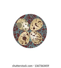 Quail eggs in nest. Bird stick nest for greeting card, invitation, banner design. Vector illustration.