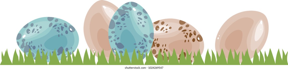 Quail eggs on green grass isolated on white background
