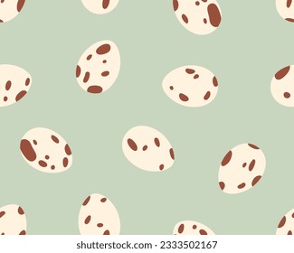 Quail eggs, seamless pattern. Speckled shell, repeating print. Spotted eggshell, endless background, texture design. Flat vector illustration for textile, fabric, wrapping, natural food package