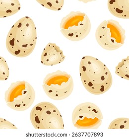 Quail eggs seamless pattern. Whole, half of egg with yolk and eggshell. Vector cartoon flat illustration. Healthy food background