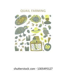 Quail farming hand drawn square frame. Vector handdrawn isolated rectangle concept.
 Illustration made in doodle style. Set of food objects for package, merch and other design.