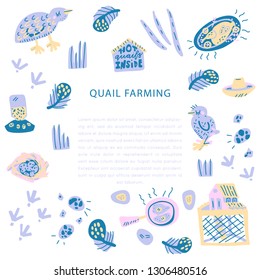 Quail farming hand drawn square frame. Vector handdrawn isolated rectangle concept.
 Illustration made in doodle style. Set of food objects for package, merch and other design.