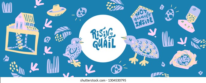 Quail farming hand drawn vector design. Illustration made in doodle style. Set of food 
objects. Vector Horizontal header web template.