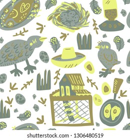 Quail farming hand drawn vector design. Textre background for package, merch and other design. Seamless food pattern.