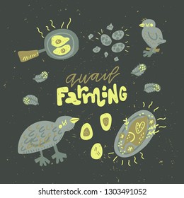 Quail farming modern concept of flat design for merch, banners and package. Hand drawn vector illustration. Set of food 
objects.