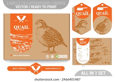 Quail game meat packaging design set featuring detailed hand drawn illustrations, accents and informative labels. Perfect for farms, butchers, and supermarkets seeking a high-quality meat 