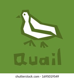 Quail logo design. Vector stylized bird illustration isolated on green background. Cute quail icon. Brutal modern style. White icon, thick outline, text. Interactive card for learning the alphabet