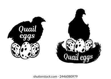 Quail silhouettes with eggs, nest.  Quail eggs, poultry egg farming. Isolated on white. Vector illustration for farming products package, poster, banner, card design