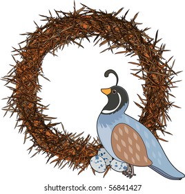 A quail is sitting on a nest with her eggs. She is shaped like the letter Q