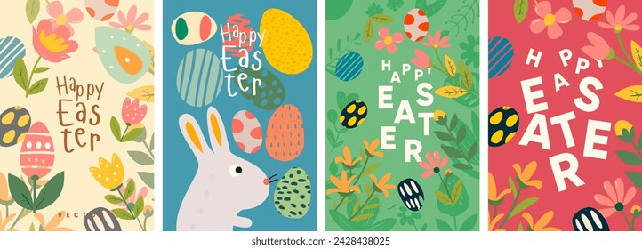 Quaint and colorful naive art vector illustrations showcasing a festive Easter theme with patterned eggs, blooming flowers, and playful rabbits, all exuding a cheerful Spring vibe.