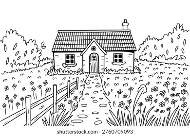 Quaint cottage with garden and pathway surrounded by flowers and trees house countryside