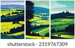 Quaint English Countryside Idyllic Vintage Landscape set collection of abstract vector illustration