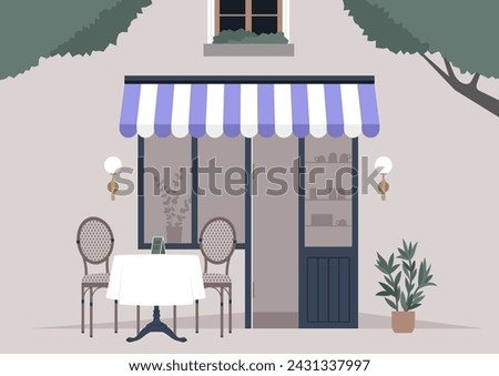 Quaint Evening at a Charming French Cafe Terrace, A serene setting outside a cozy restaurant, awaiting patrons