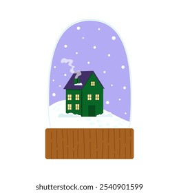 A quaint green house surrounded by snowflakes in a winter-themed snow globe decoration