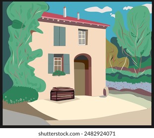 A quaint house with blue shutters stands in a picturesque landscape, surrounded by greenery and a clear sky. The scene features simple shapes and bold colors, creating a serene and inviting atmosphere