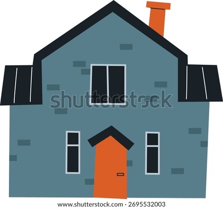 A quaint house with a chimney and three windows in a geometric style. The building features a sloped roof and a prominent front door. Cartoon vector illustration.