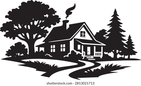 A quaint house surrounded by trees presented as silhouette vector.