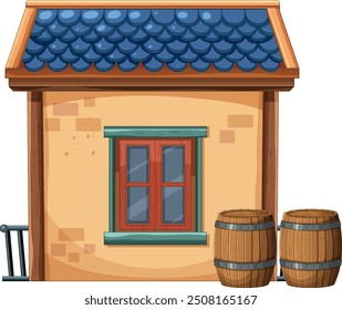 A quaint house with two barrels outside