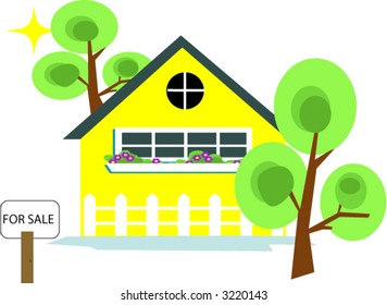 quaint little house with trees and a for sale sign vector illustration