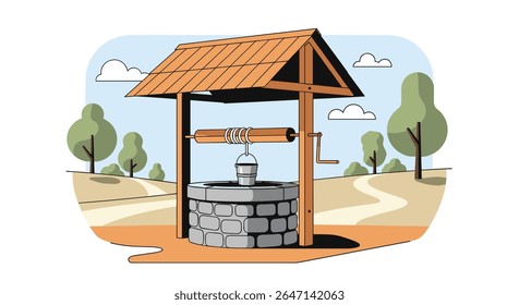 A Quaint Wishing Well with Wooden Roof Surrounded by Nature and Landscape