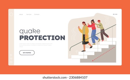 Quake Protection Landing Page Template. Frightened Characters Support And Cling To One Another As They Cautiously Descend The Stairs During A Tumultuous Earthquake. Cartoon People Vector Illustration