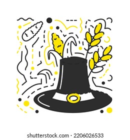 Quaker hat with sweetcorn and ears of wheat isolated on white. Traditional thanksgiving symbols textured concept design. Pilgrim headwear with buckle with corn cob. Hand drawn flat vector illustration