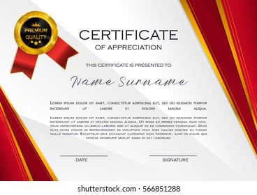 Qualification Certificate Of Appreciation Design. Elegant Luxury And Modern Pattern, Best Quality Award Template With Red And Golden Tapes, Shapes, Badge. Vector Illustration.