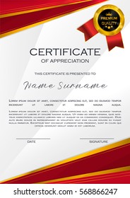 Qualification Certificate of appreciation design. Elegant luxury and modern pattern, best quality award template with red and golden tapes, shapes, badge. Vector illustration.