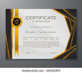 Qualification Certificate of appreciation design. Elegant luxury and modern pattern, best quality award template with black, white and golden tapes, shapes, badge. Vector illustration.