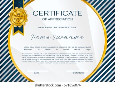 Qualification Certificate of appreciation design. Elegant luxury and modern pattern, best quality award template with blue and golden tapes, shapes, badge. Vector illustration.