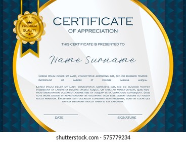 Qualification Certificate of appreciation design. Elegant luxury and modern pattern, best quality award template with blue and golden tapes, shapes, badge. Vector illustration.