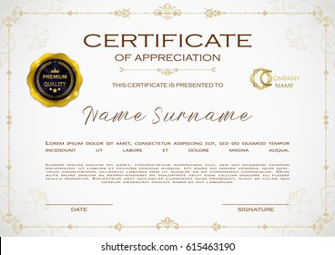 Qualification Certificate of appreciation design. Elegant luxury, vintage pattern, best quality award template with gold, shapes, badge. Vector illustration.