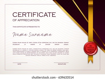 Qualification Certificate of appreciation design. Elegant luxury, vintage pattern, best quality award template with gold, shapes, badge. Vector illustration.