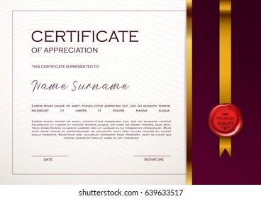 Qualification Certificate of appreciation design. Elegant luxury, vintage pattern, best quality award template with gold, shapes, badge. Vector illustration.