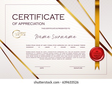 Qualification Certificate of appreciation design. Elegant luxury, vintage pattern, best quality award template with gold, shapes, badge. Vector illustration.