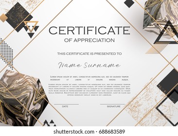 Qualification Certificate of appreciation design. Elegant luxury and modern pattern, best quality award template with white and golden tapes, shapes, marble cubes. Vector illustration
