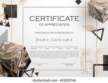 Qualification Certificate of appreciation design. Elegant luxury and modern pattern, best quality award template with white and golden tapes, shapes, marble cubes. Vector illustration