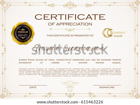 Qualification Certificate of appreciation design. Elegant luxury, vintage pattern, best quality award template with gold, shapes, badge. Vector illustration.