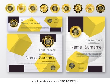 Qualification Certificate of appreciation design. Luxury vip and modern Certificate pattern, best quality award medal template, gold tapes, shapes, set of 6 medals types. Vector illustration. EPS 10.