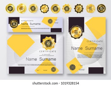 Qualification Certificate of appreciation design. Luxury vip and modern Certificate pattern, best quality award medal template, gold tapes, shapes, set of 6 medals types. Vector illustration. EPS 10.