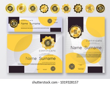 Qualification Certificate of appreciation design. Luxury vip and modern Certificate pattern, best quality award medal template, gold tapes, shapes, set of 6 medals types. Vector illustration. EPS 10.