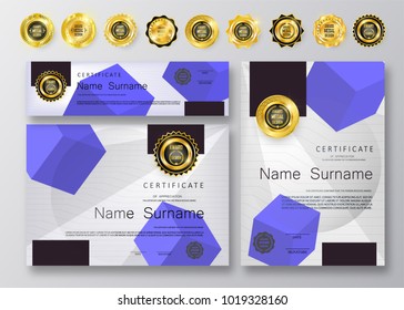 Qualification Certificate of appreciation design. Luxury vip and modern Certificate pattern, best quality award medal template, gold tapes, shapes, set of 6 medals types. Vector illustration. EPS 10.