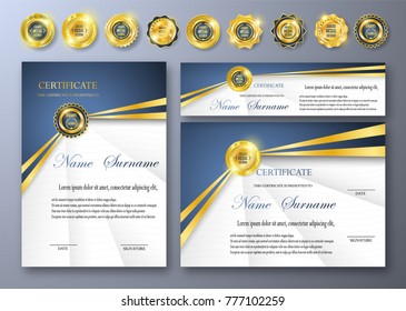 Qualification Certificate of appreciation design. Luxury vip and modern Certificate pattern, best quality award medal template, gold tapes, shapes, set of 6 medals types. Vector illustration. EPS 10.