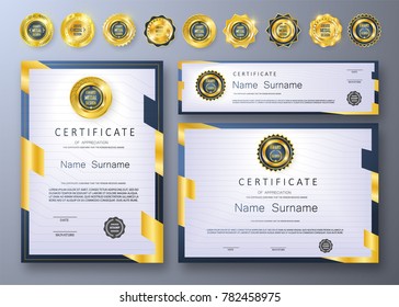 Qualification Certificate of appreciation design. Luxury vip and modern Certificate pattern, best quality award medal template, gold tapes, shapes, set of 6 medals types. Vector illustration. EPS 10.