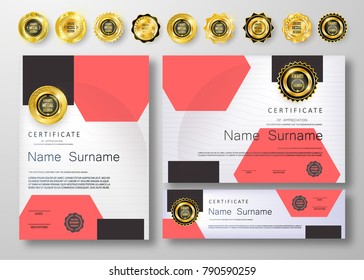 Qualification Certificate of appreciation design. Luxury vip and modern Certificate pattern, best quality award medal template, gold tapes, shapes, set of 6 medals types. Vector illustration. EPS 10.