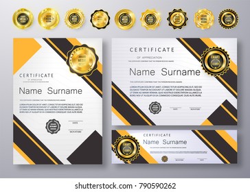 Qualification Certificate of appreciation design. Luxury vip and modern Certificate pattern, best quality award medal template, gold tapes, shapes, set of 6 medals types. Vector illustration. EPS 10.