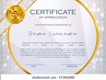 Qualification Certificate of appreciation, female design. Elegant luxury and modern pattern, best quality award template with white and golden tapes, shapes, badge. Vector illustration