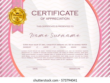 Qualification Certificate of appreciation, female design. Elegant luxury and modern pattern, best quality award template with white and golden tapes, shapes, badge. Vector illustration